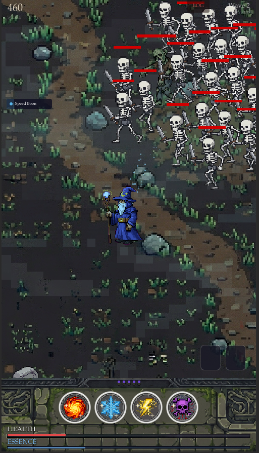 Pre-alpha Wretchstorm gameplay showing a wizard surrounded by an advancing skeleton swarm.