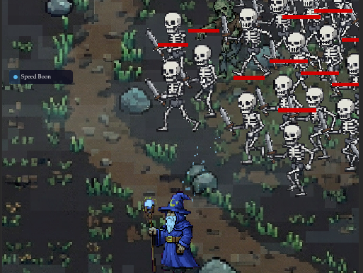 Pre-alpha Wretchstorm gameplay showing a skeleton swarm approaching the player.